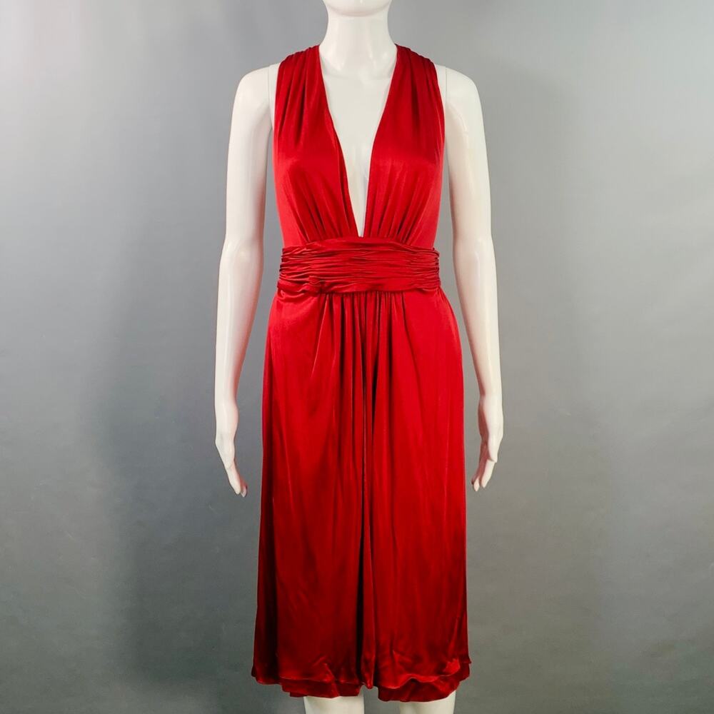 AZZARO Size 6 Woven Venus Red Viscose Plunging V-Neck Knee Length Cocktail Dress